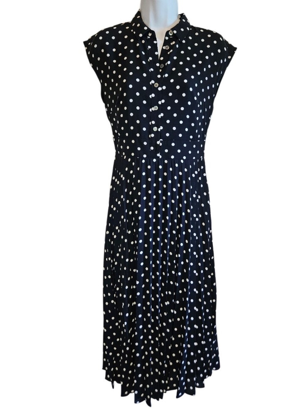 0082 J.Crew Navy White Polka Dot Pleated Midi Dress Preppy Classic Small No Tag